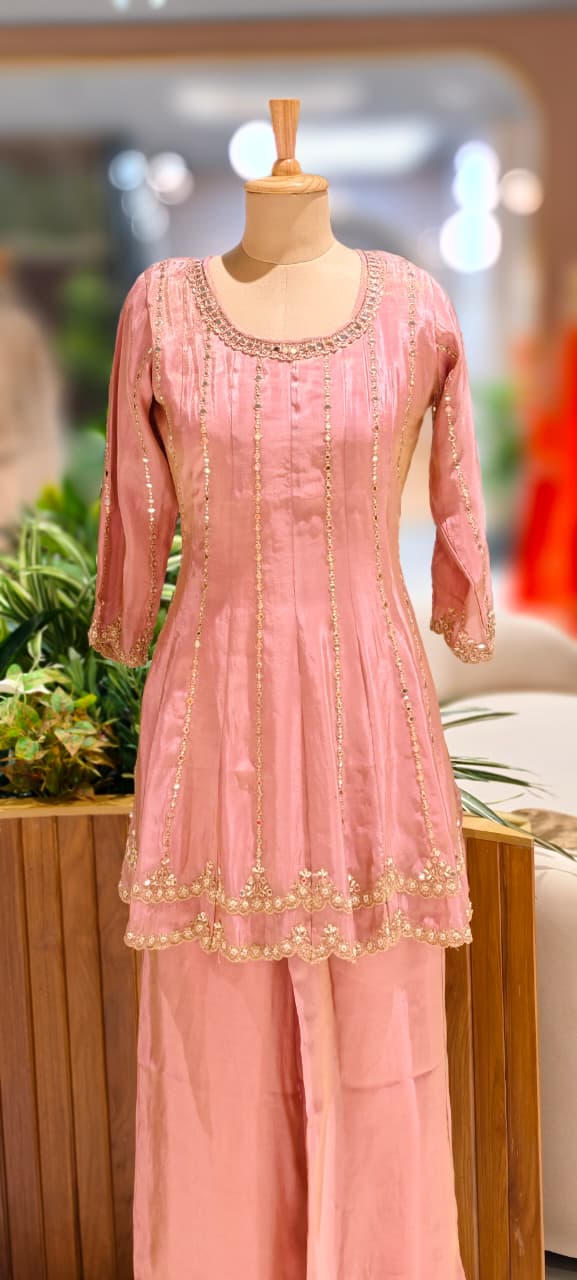 Peplum Style Real Mirror With Thread Upwork Elegant Tissue Panel Short Length Kurta With Palazzo Bottom Set- 13069