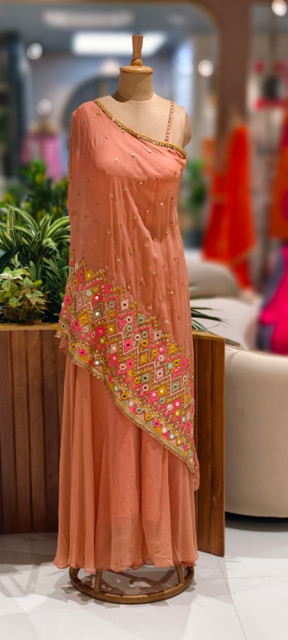 Asymmetrical Mirror Bloom Ethnic Designer Suit With Loose Palazzo Bottom In Georgette Fabric- 13072