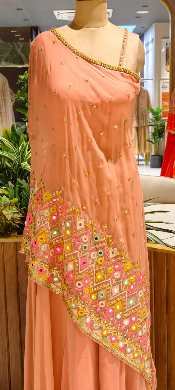 Asymmetrical Mirror Bloom Ethnic Designer Suit With Loose Palazzo Bottom In Georgette Fabric- 13072