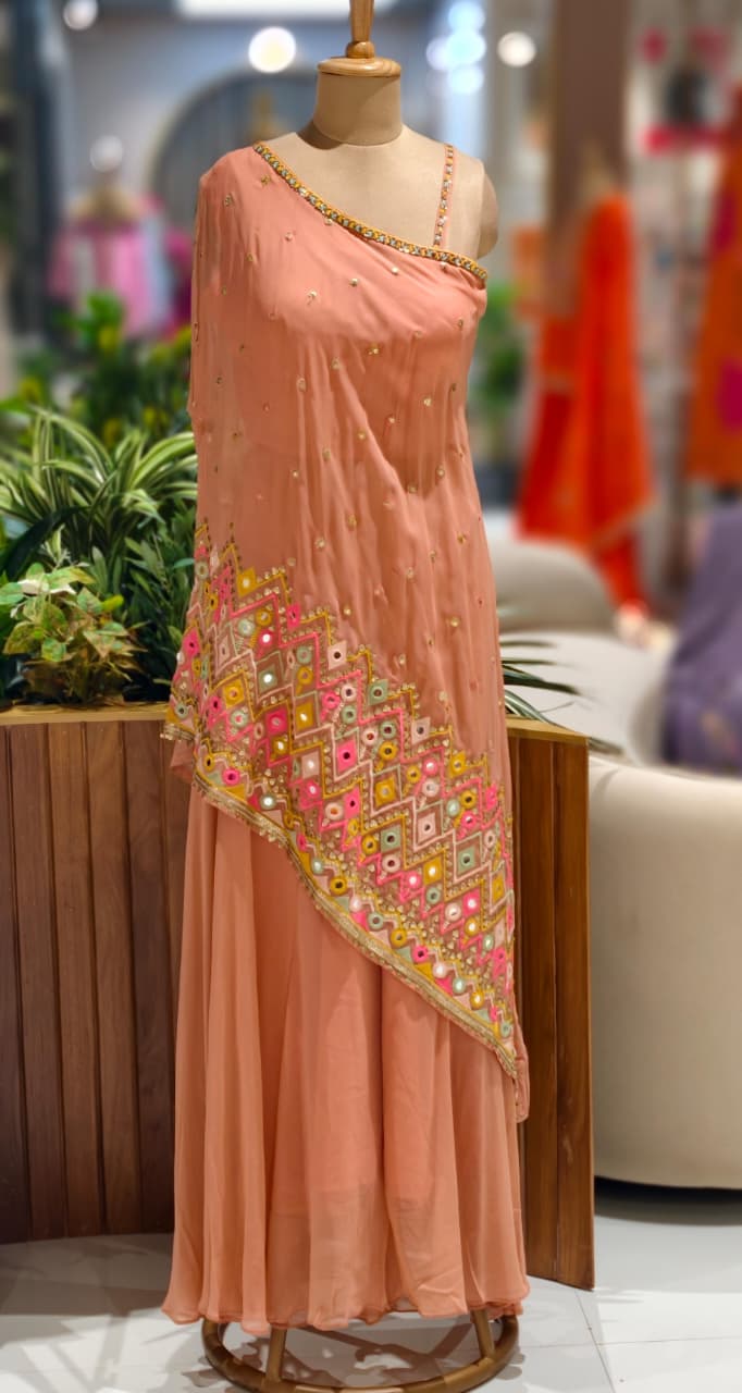 Asymmetrical Mirror Bloom Ethnic Designer Suit With Loose Palazzo Bottom In Georgette Fabric- 13072