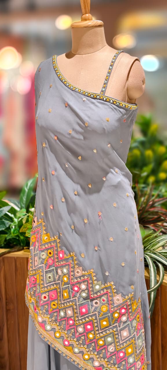 Asymmetrical Mirror Bloom Ethnic Designer Suit With Loose Palazzo Bottom In Georgette Fabric- 13072