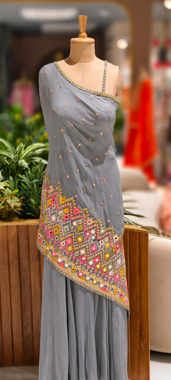 Asymmetrical Mirror Bloom Ethnic Designer Suit With Loose Palazzo Bottom In Georgette Fabric- 13072