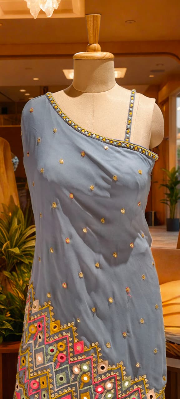 Asymmetrical Mirror Bloom Ethnic Designer Suit With Loose Palazzo Bottom In Georgette Fabric- 13072