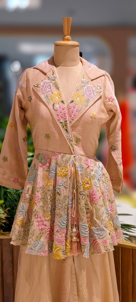 Very Elegant Floral Embroidery Collared Peplum Kurta With Taperred Palazzo Bottom- 13070