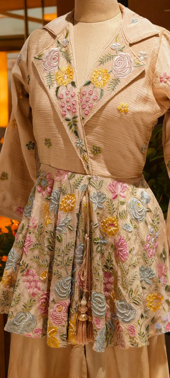 Very Elegant Floral Embroidery Collared Peplum Kurta With Taperred Palazzo Bottom- 13070