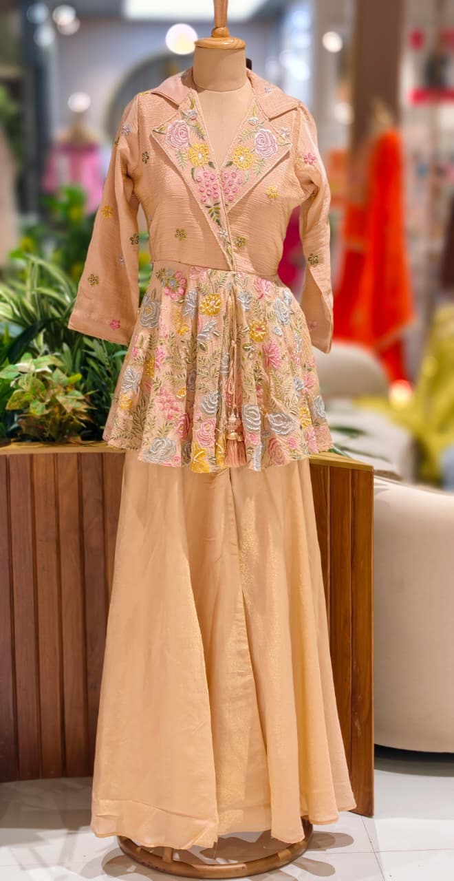 Very Elegant Floral Embroidery Collared Peplum Kurta With Taperred Palazzo Bottom- 13070