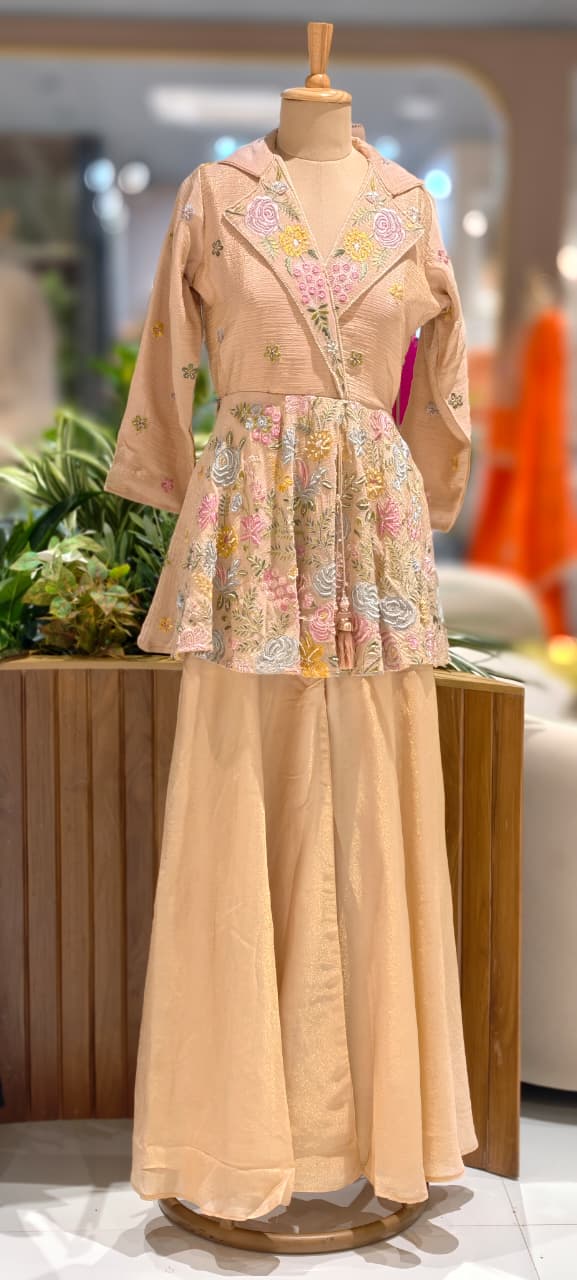 Very Elegant Floral Embroidery Collared Peplum Kurta With Taperred Palazzo Bottom- 13070