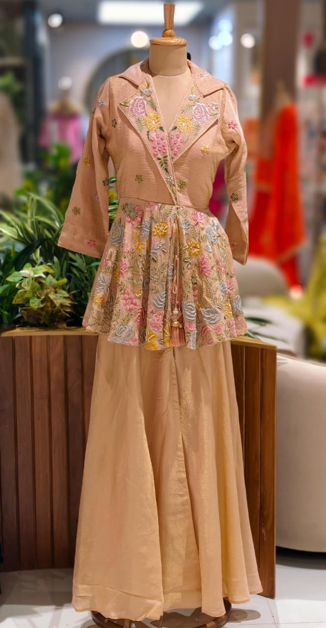 Very Elegant Floral Embroidery Collared Peplum Kurta With Taperred Palazzo Bottom- 13070