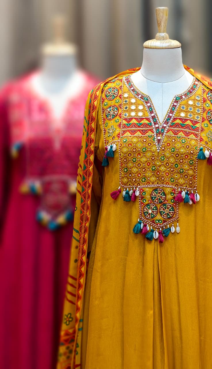 Boho Yoke Tasseled Rajasthani Look Chinon A-Line Full Suit Set With Dupatta- 13082