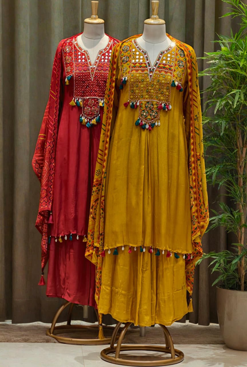 Boho Yoke Tasseled Rajasthani Look Chinon A-Line Full Suit Set With Dupatta- 13082