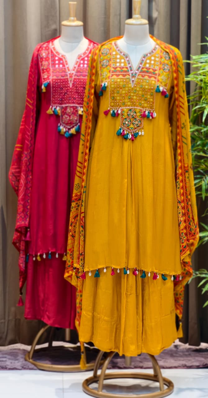 Boho Yoke Tasseled Rajasthani Look Chinon A-Line Full Suit Set With Dupatta- 13082