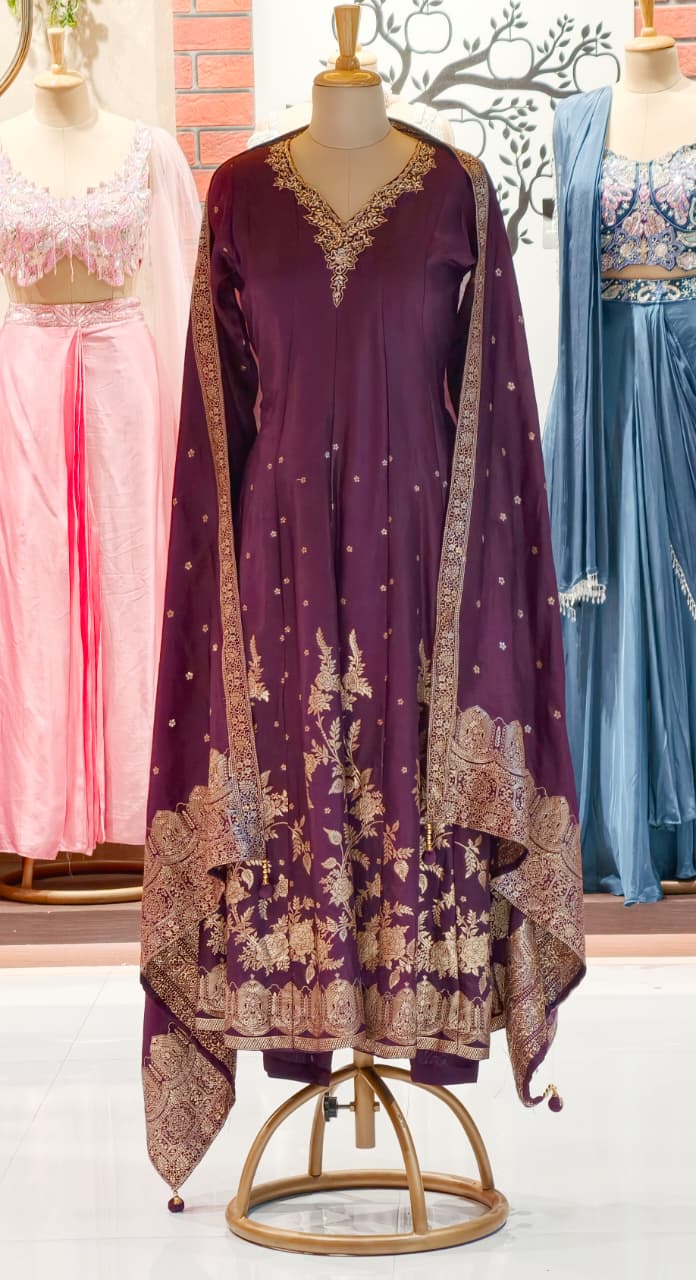 Beautiful Neck Line Scattered Print Brocade Panel Anarkali Full Suit Set With Dupatta In Silk Fabric- 12697