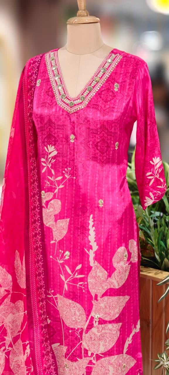 Rani Pink Floral Print Kurta With Embellished Neck Ethnic Full Suit Set With Dupatta In Crepe Fabric- 13079