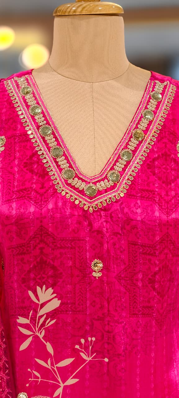 Rani Pink Floral Print Kurta With Embellished Neck Ethnic Full Suit Set With Dupatta In Crepe Fabric- 13079