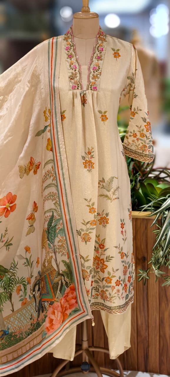 Digital Floral Patterned Print Unique Cut-Work Neck Line Full Suit Set With Dupatta-13078