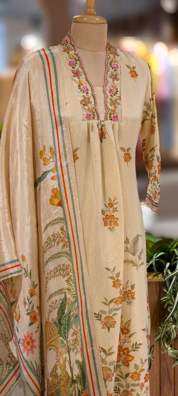 Digital Floral Patterned Print Unique Cut-Work Neck Line Full Suit Set With Dupatta-13078