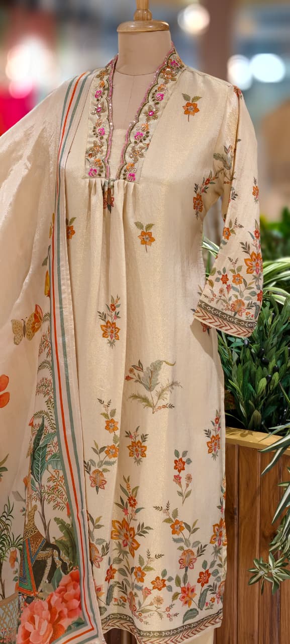Digital Floral Patterned Print Unique Cut-Work Neck Line Full Suit Set With Dupatta-13078
