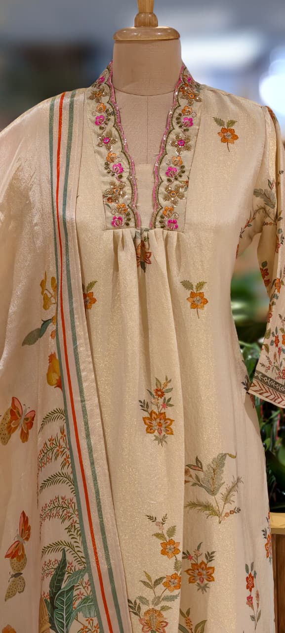 Digital Floral Patterned Print Unique Cut-Work Neck Line Full Suit Set With Dupatta-13078