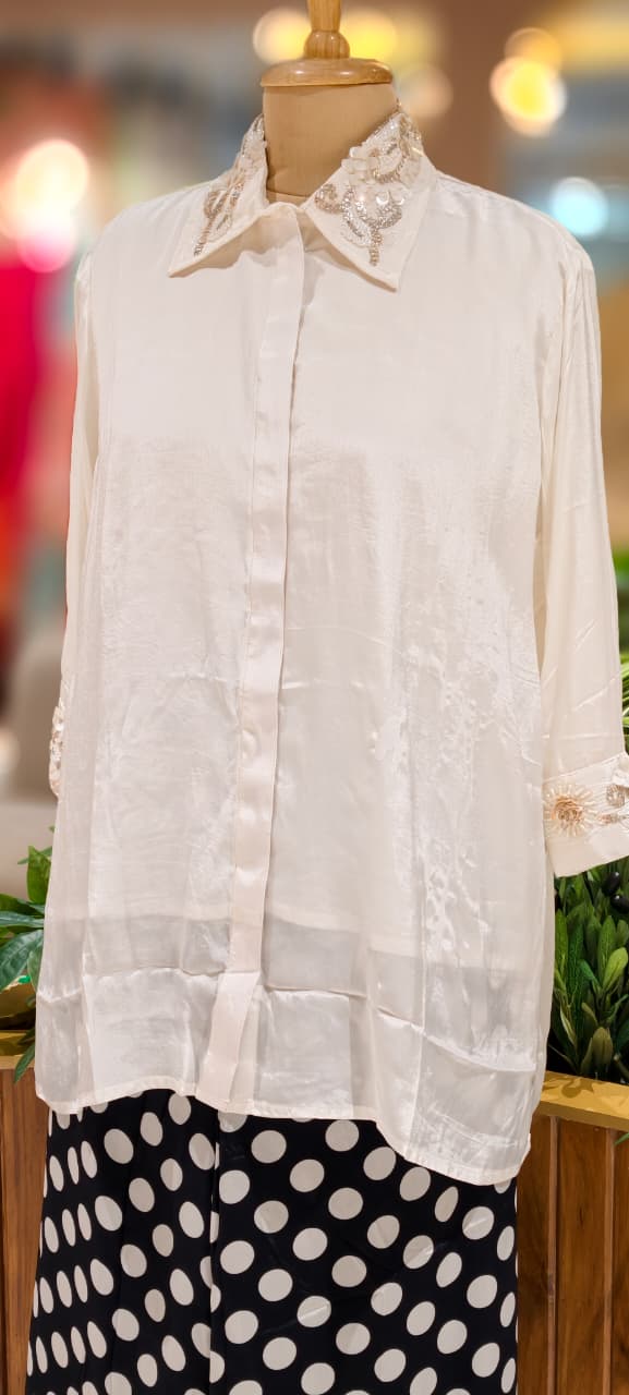 Minimal Collar & Cuff Popped Embroidery Work Very Simple Upper With Polka Printed Loose Bottom- 12918