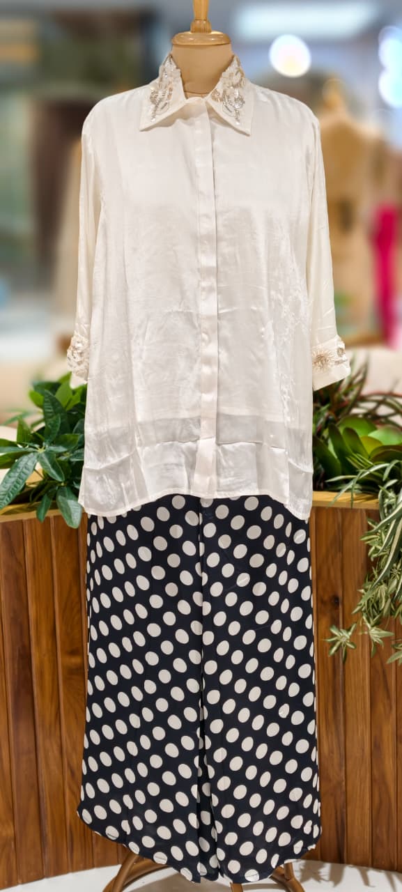 Minimal Collar & Cuff Popped Embroidery Work Very Simple Upper With Polka Printed Loose Bottom- 12918