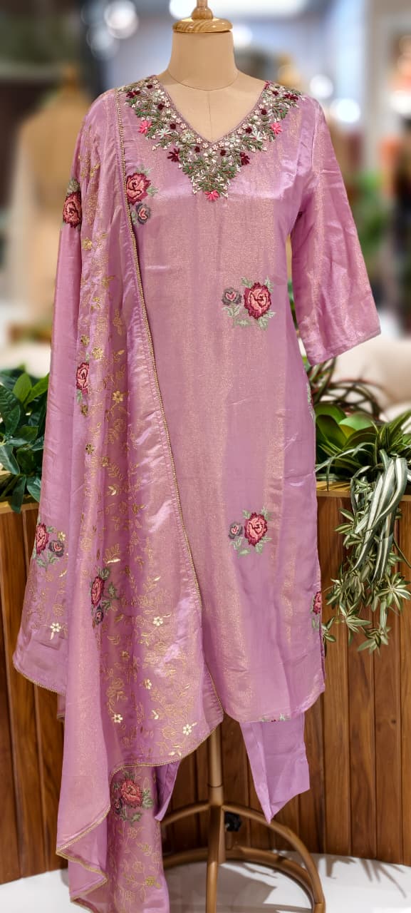 Cross Stitch Floral Embroidery Work Gardenia Neck Line Tissue Full Suit Set With Dupatta- 12981