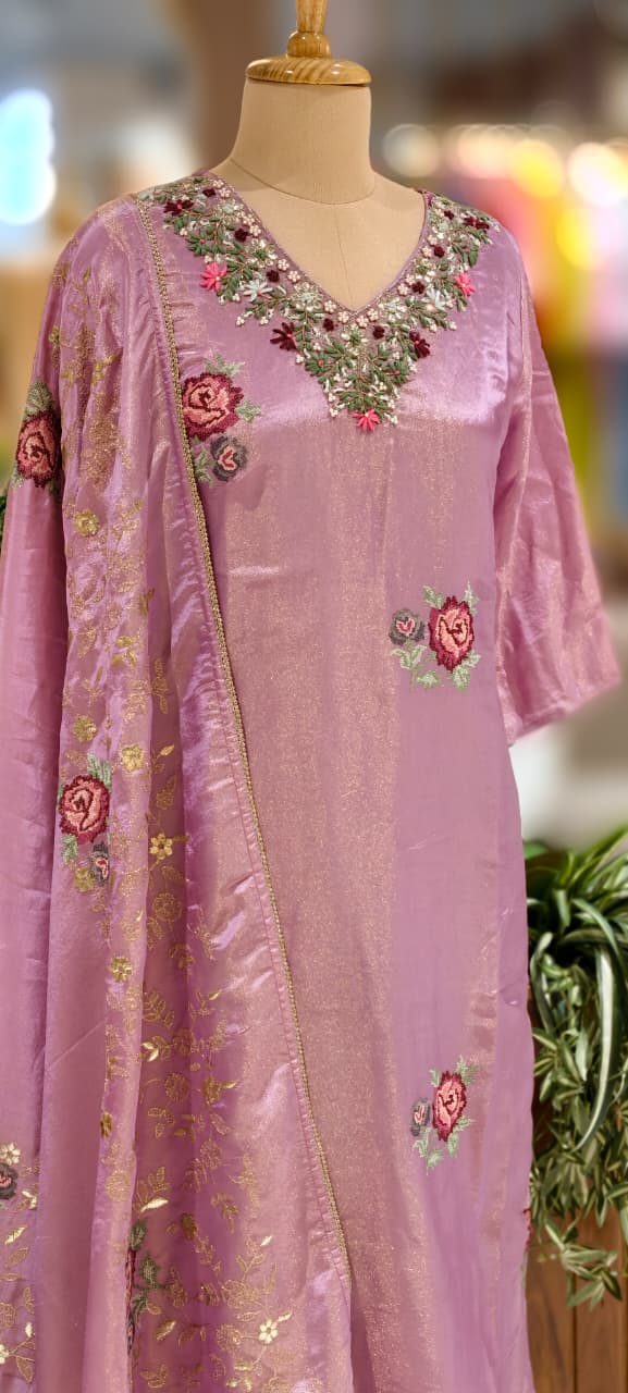 Cross Stitch Floral Embroidery Work Gardenia Neck Line Tissue Full Suit Set With Dupatta- 12981