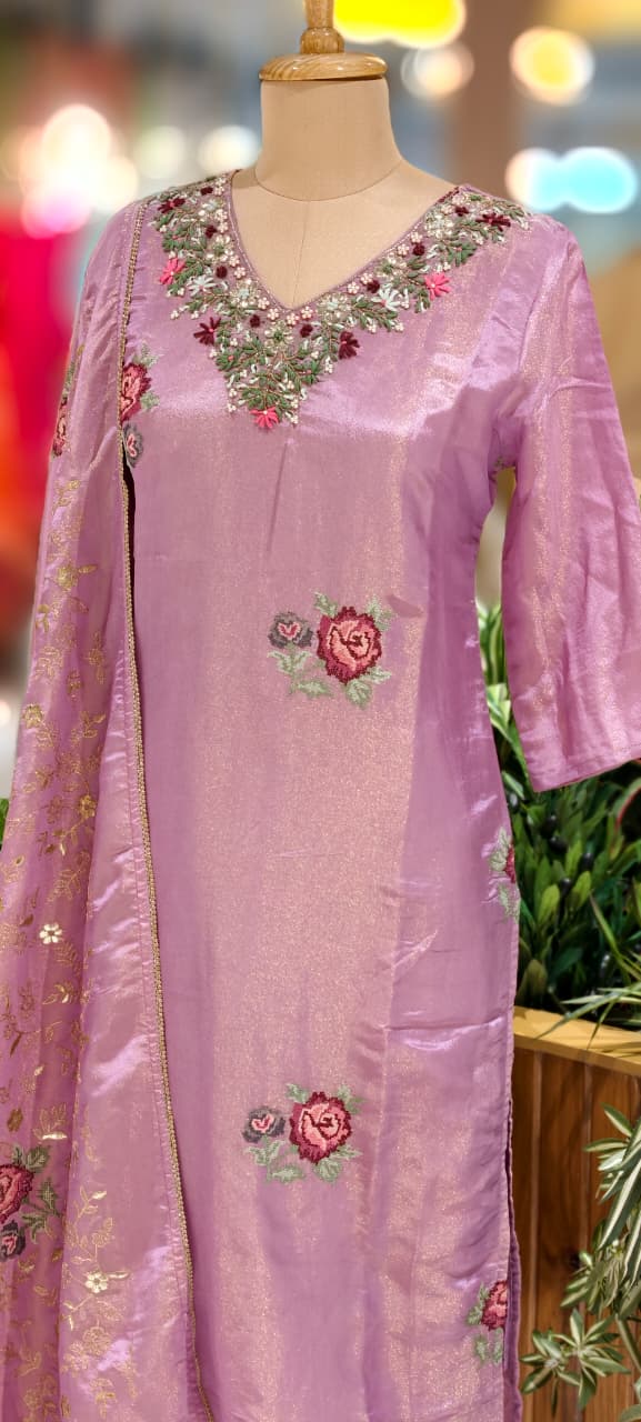 Cross Stitch Floral Embroidery Work Gardenia Neck Line Tissue Full Suit Set With Dupatta- 12981