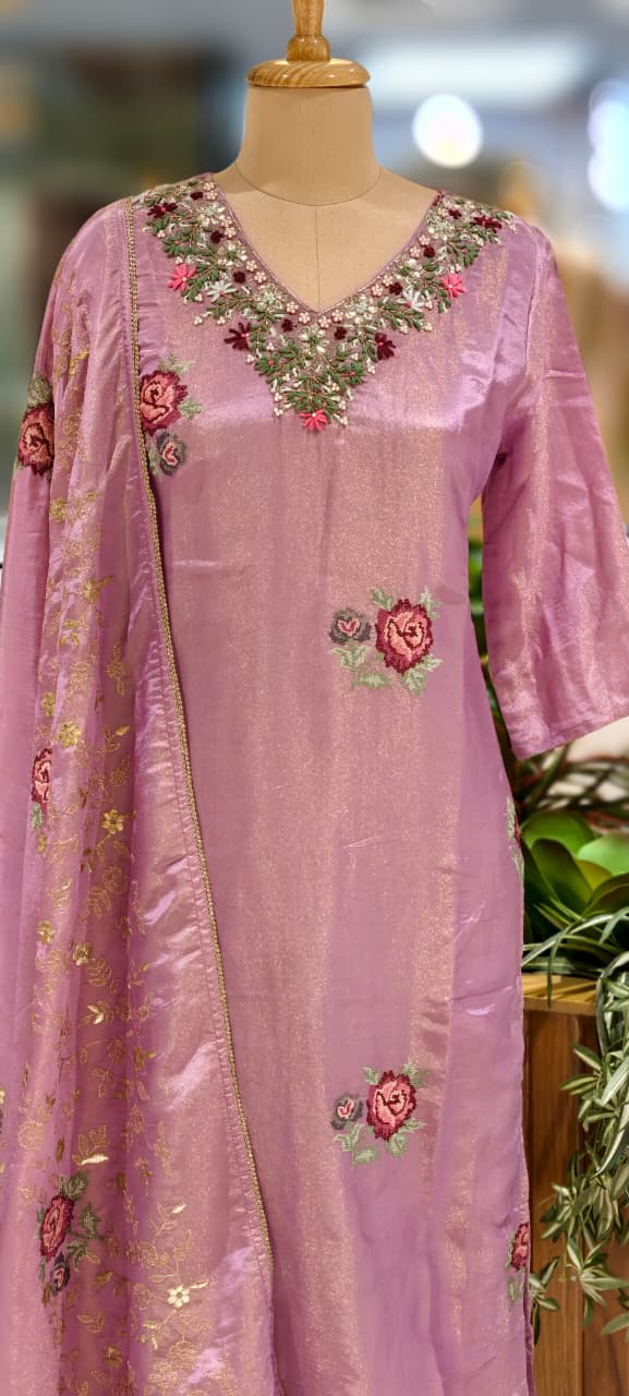 Cross Stitch Floral Embroidery Work Gardenia Neck Line Tissue Full Suit Set With Dupatta- 12981