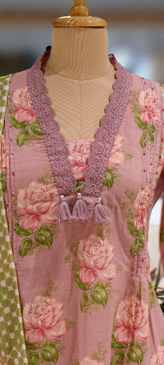 Rose Floral Printed Cut-Work Crosia Lace A-Line Full Suit Set With Dupatta In Cotton Fabric-