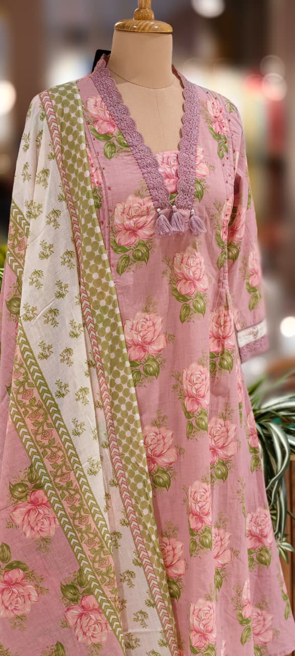 Rose Floral Printed Cut-Work Crosia Lace A-Line Full Suit Set With Dupatta In Cotton Fabric-