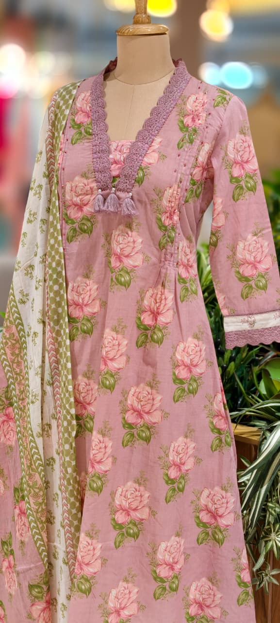 Rose Floral Printed Cut-Work Crosia Lace A-Line Full Suit Set With Dupatta In Cotton Fabric-
