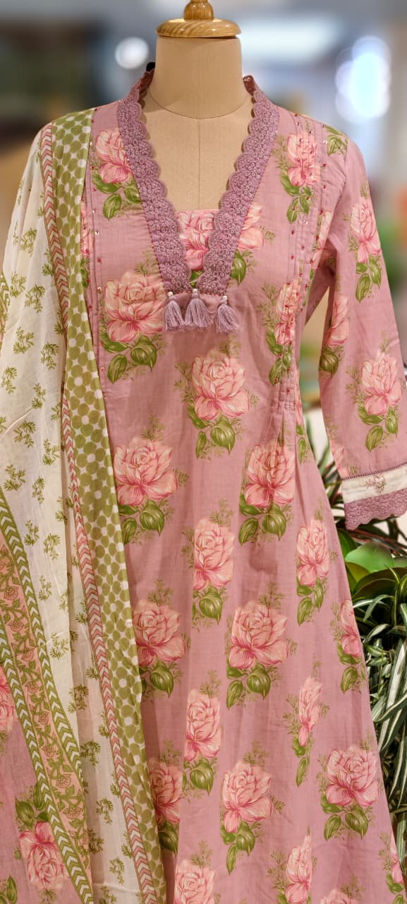 Rose Floral Printed Cut-Work Crosia Lace A-Line Full Suit Set With Dupatta In Cotton Fabric-