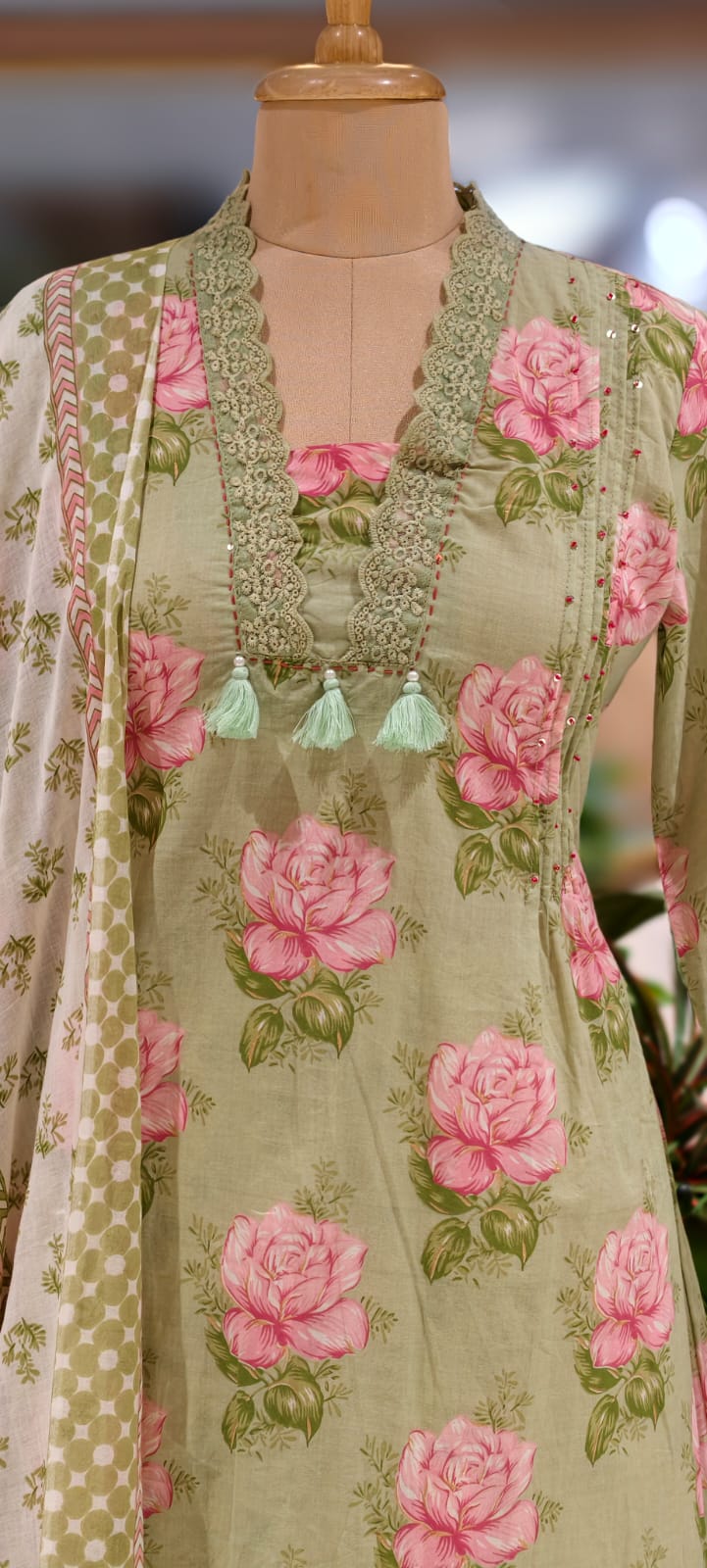 Rose Floral Printed Cut-Work Crosia Lace A-Line Full Suit Set With Dupatta In Cotton Fabric-