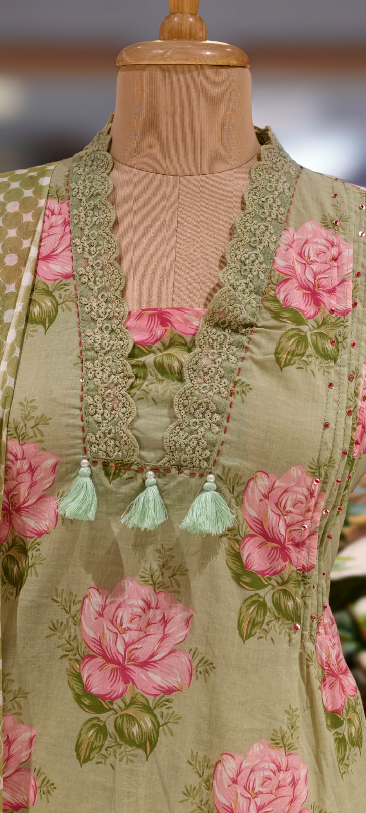 Rose Floral Printed Cut-Work Crosia Lace A-Line Full Suit Set With Dupatta In Cotton Fabric-