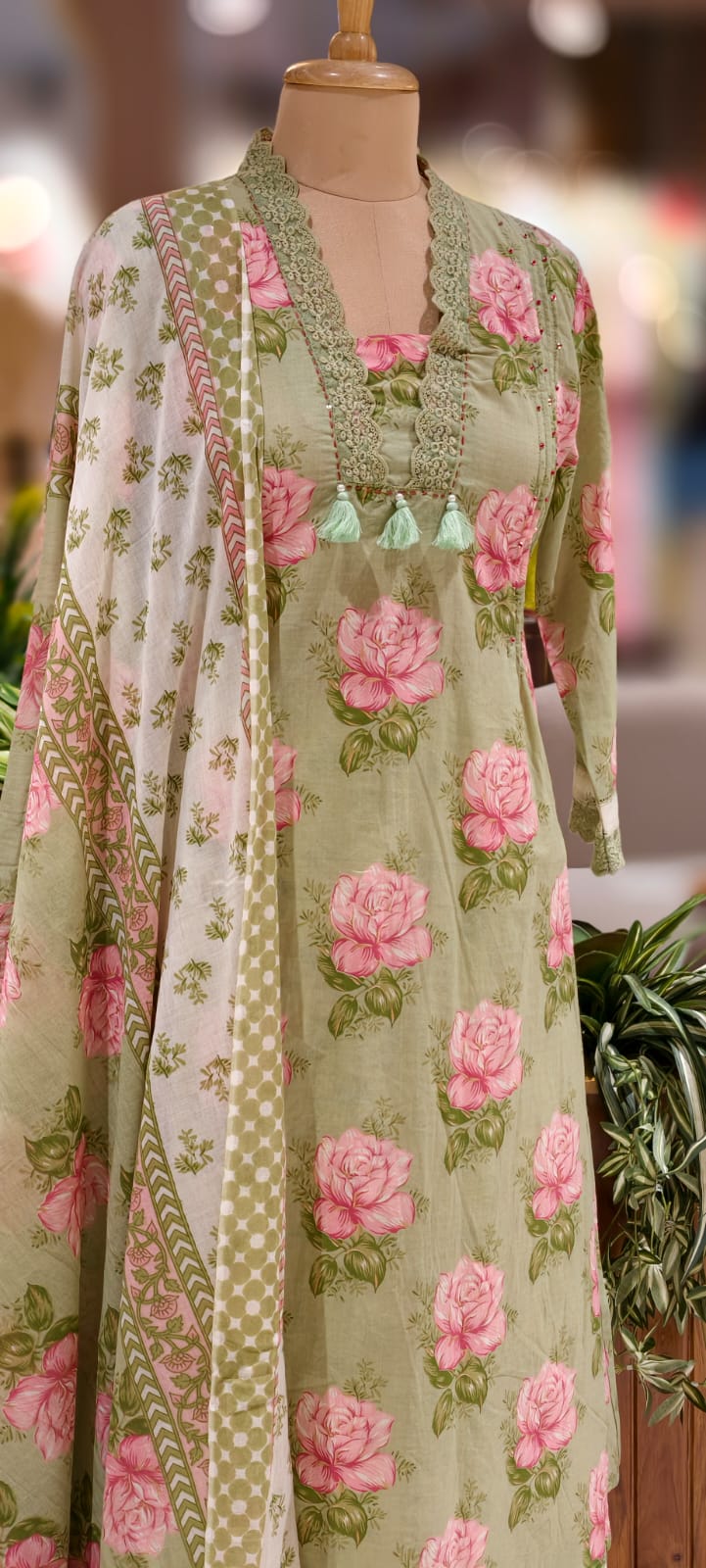 Rose Floral Printed Cut-Work Crosia Lace A-Line Full Suit Set With Dupatta In Cotton Fabric-