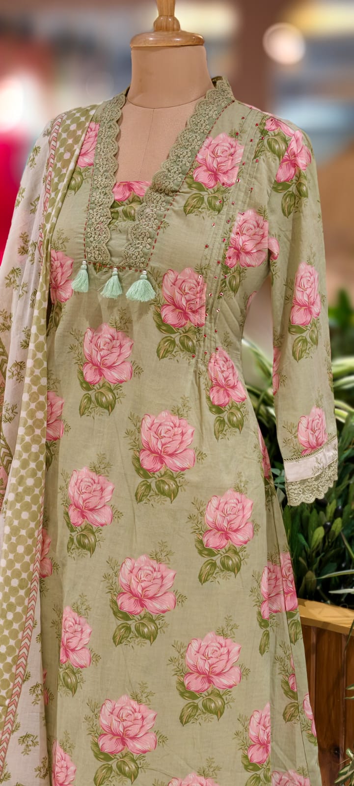 Rose Floral Printed Cut-Work Crosia Lace A-Line Full Suit Set With Dupatta In Cotton Fabric-
