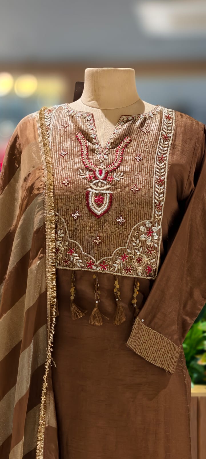 Classic Tissue  Straight-Fit Kurta with Detailed Ethnic Embroidery and Stylish Striped Dupatta-13053