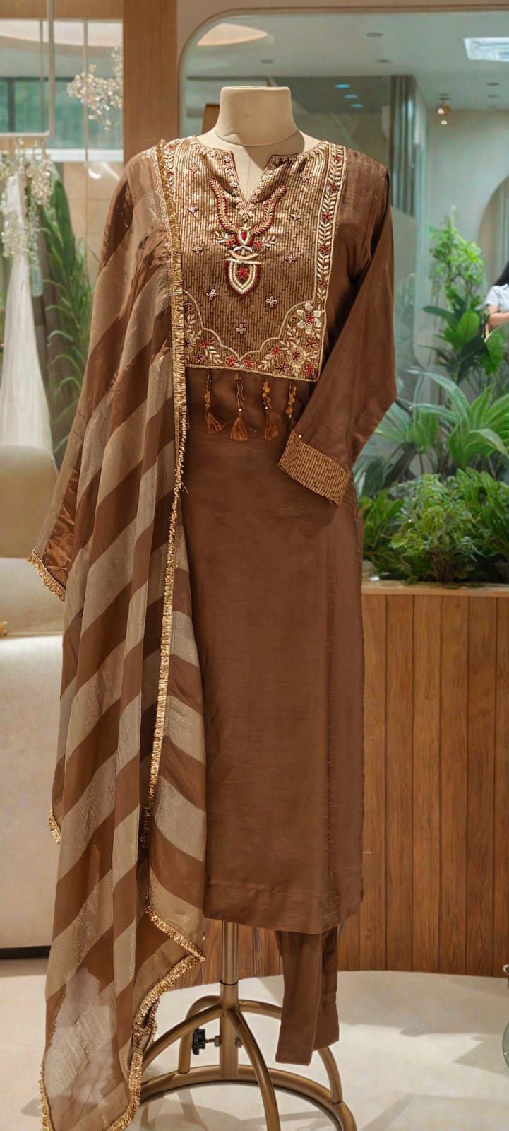 Classic Tissue  Straight-Fit Kurta with Detailed Ethnic Embroidery and Stylish Striped Dupatta-13053