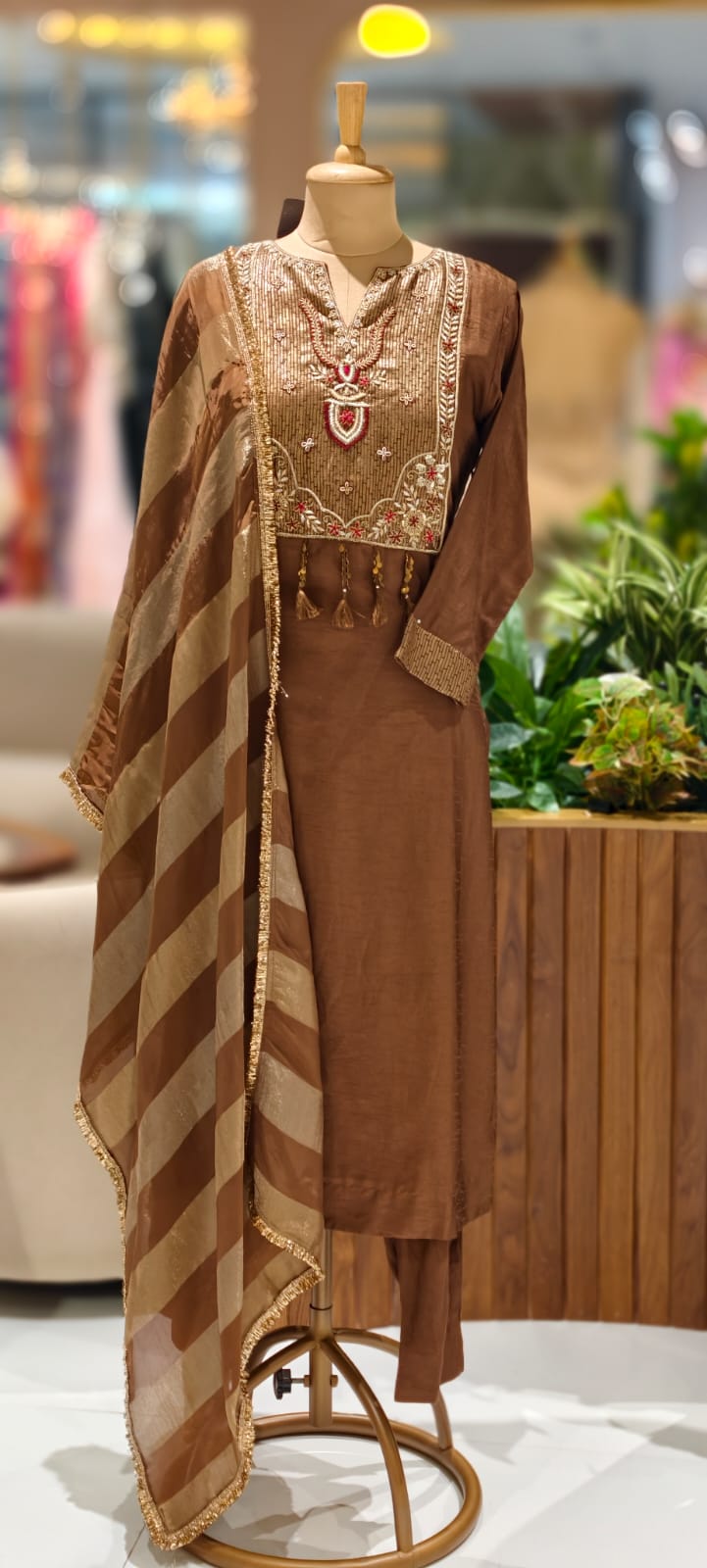 Classic Tissue  Straight-Fit Kurta with Detailed Ethnic Embroidery and Stylish Striped Dupatta-13053