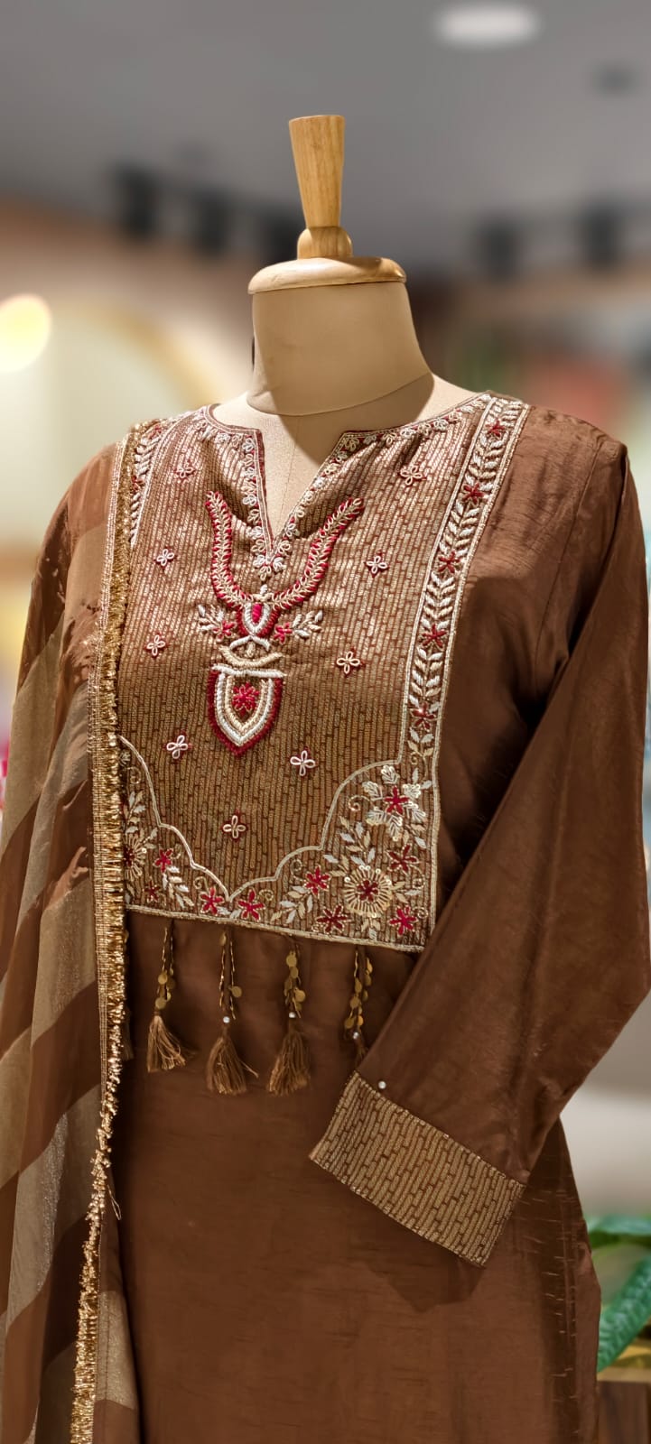 Classic Tissue  Straight-Fit Kurta with Detailed Ethnic Embroidery and Stylish Striped Dupatta-13053