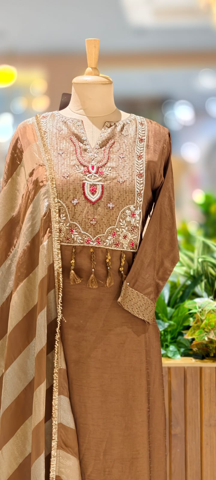 Classic Tissue  Straight-Fit Kurta with Detailed Ethnic Embroidery and Stylish Striped Dupatta-13053