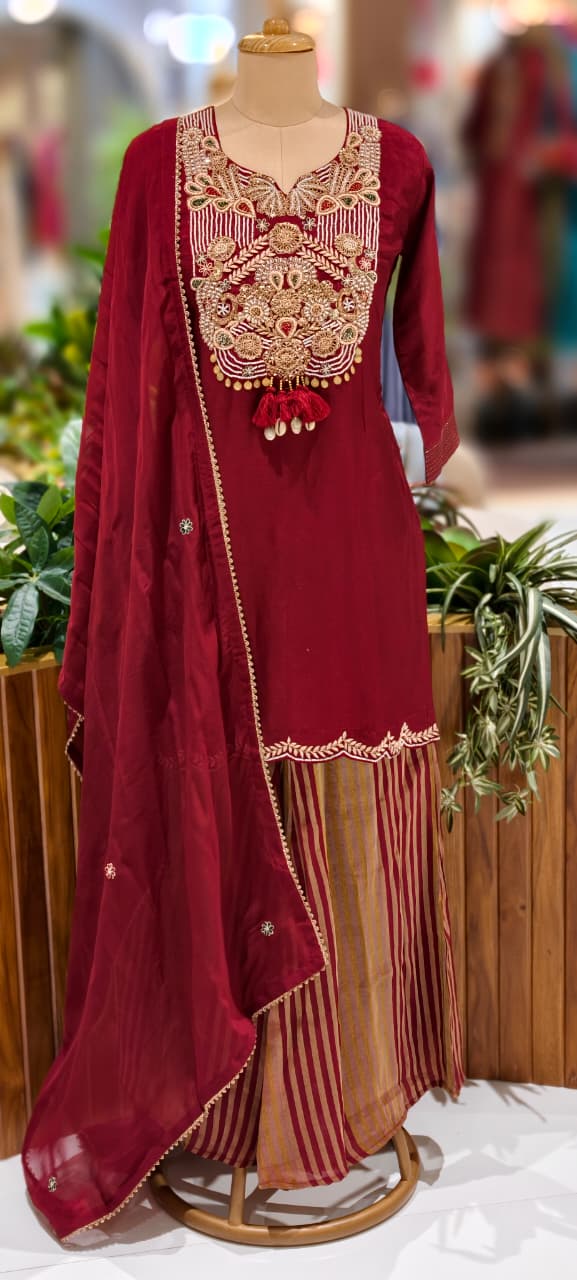 Royal Zardosi Charm Embroidery Work Short Length Kurta With Striped Palazzo Bottom & In Tissue Fabric-13084