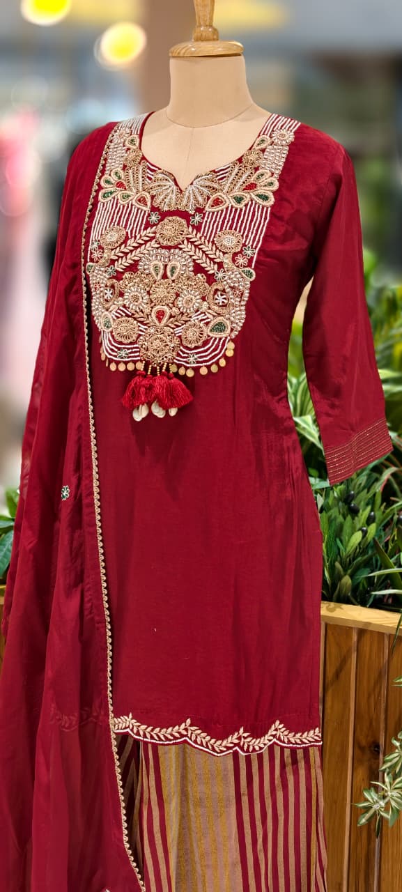 Royal Zardosi Charm Embroidery Work Short Length Kurta With Striped Palazzo Bottom & In Tissue Fabric-13084