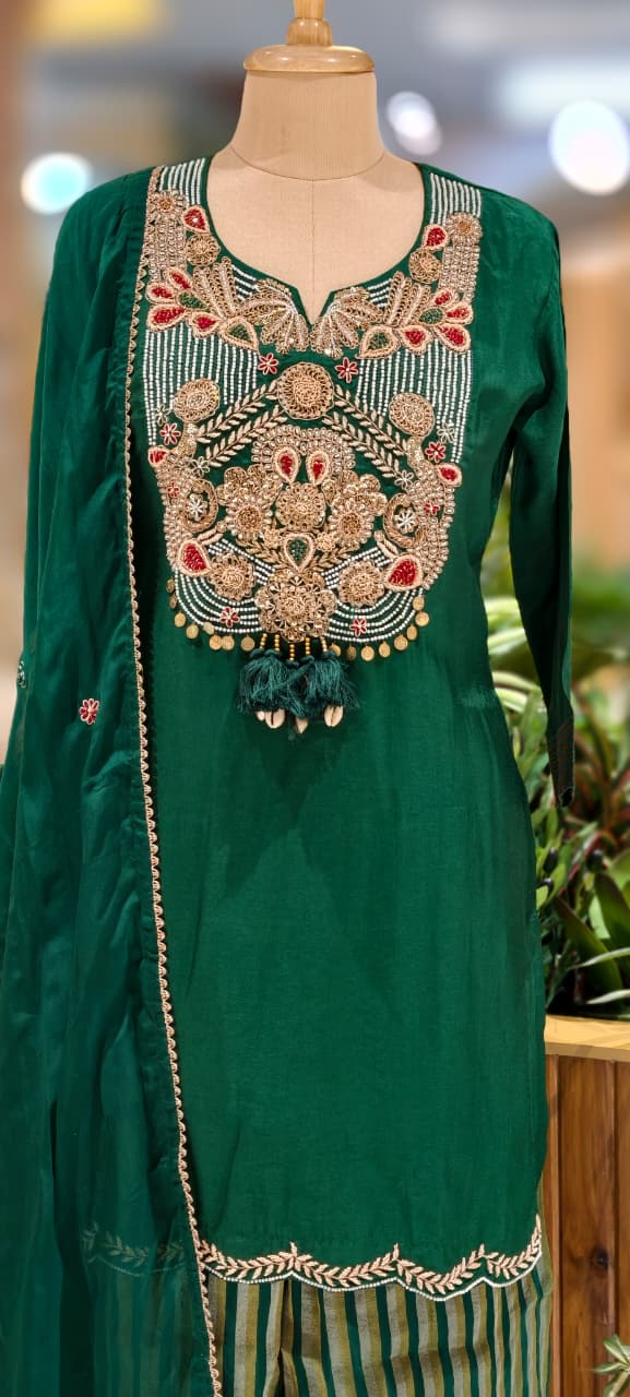 Royal Zardosi Charm Embroidery Work Short Length Kurta With Striped Palazzo Bottom & In Tissue Fabric-13084