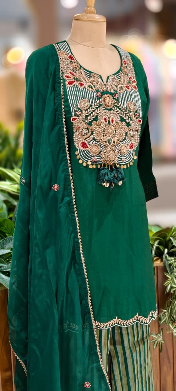 Royal Zardosi Charm Embroidery Work Short Length Kurta With Striped Palazzo Bottom & In Tissue Fabric-13084