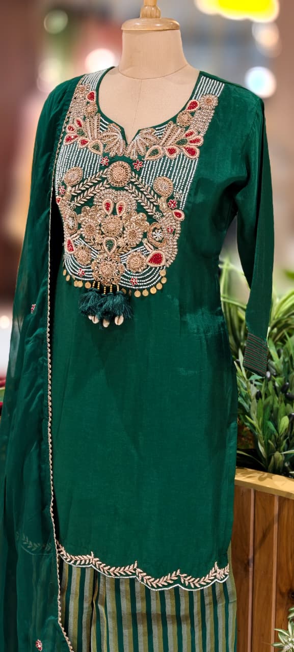 Royal Zardosi Charm Embroidery Work Short Length Kurta With Striped Palazzo Bottom & In Tissue Fabric-13084