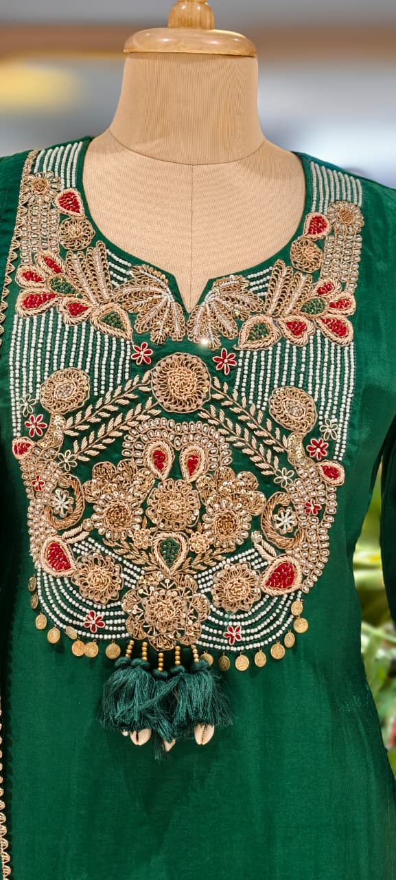 Royal Zardosi Charm Embroidery Work Short Length Kurta With Striped Palazzo Bottom & In Tissue Fabric-13084