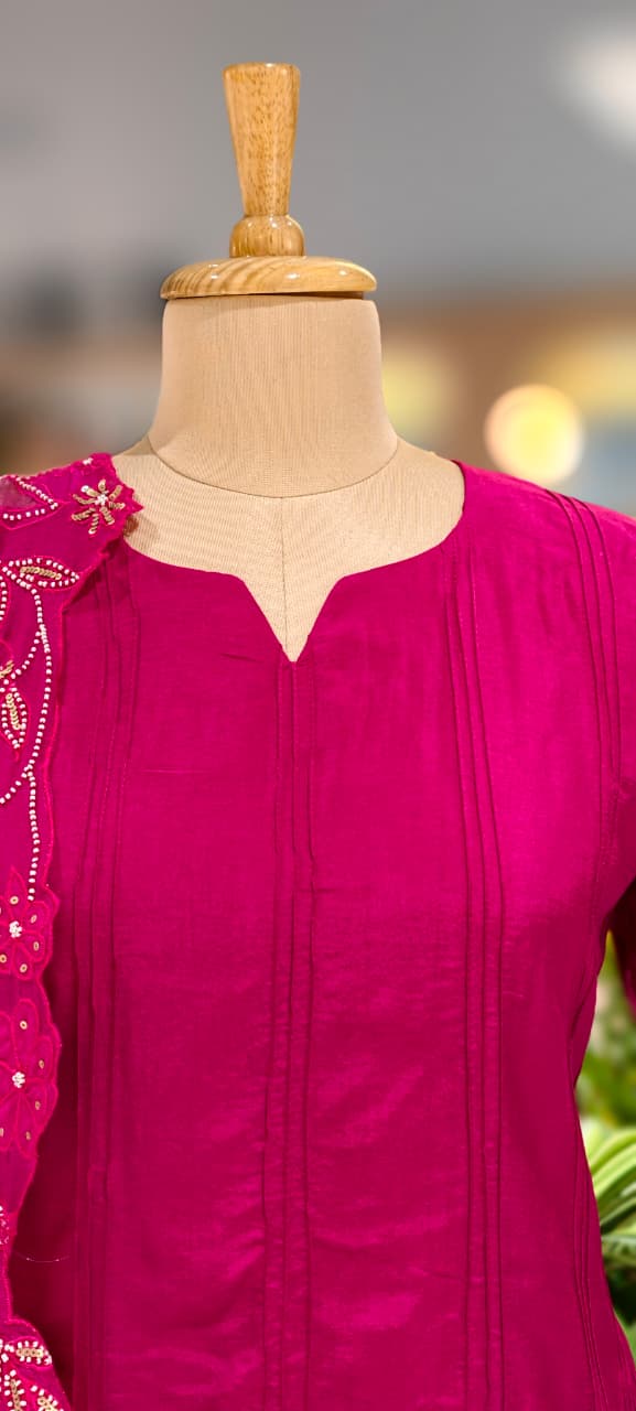 Solid Pleated Straight Full Suit Set With Complete Cut-Work Dupatta In Russian Silk Fabric-13085