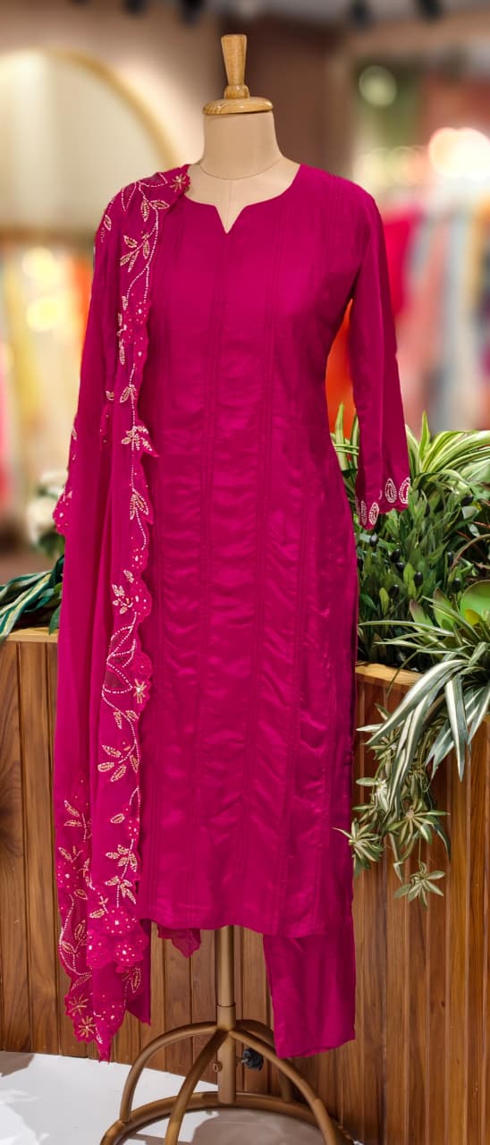 Solid Pleated Straight Full Suit Set With Complete Cut-Work Dupatta In Russian Silk Fabric-13085