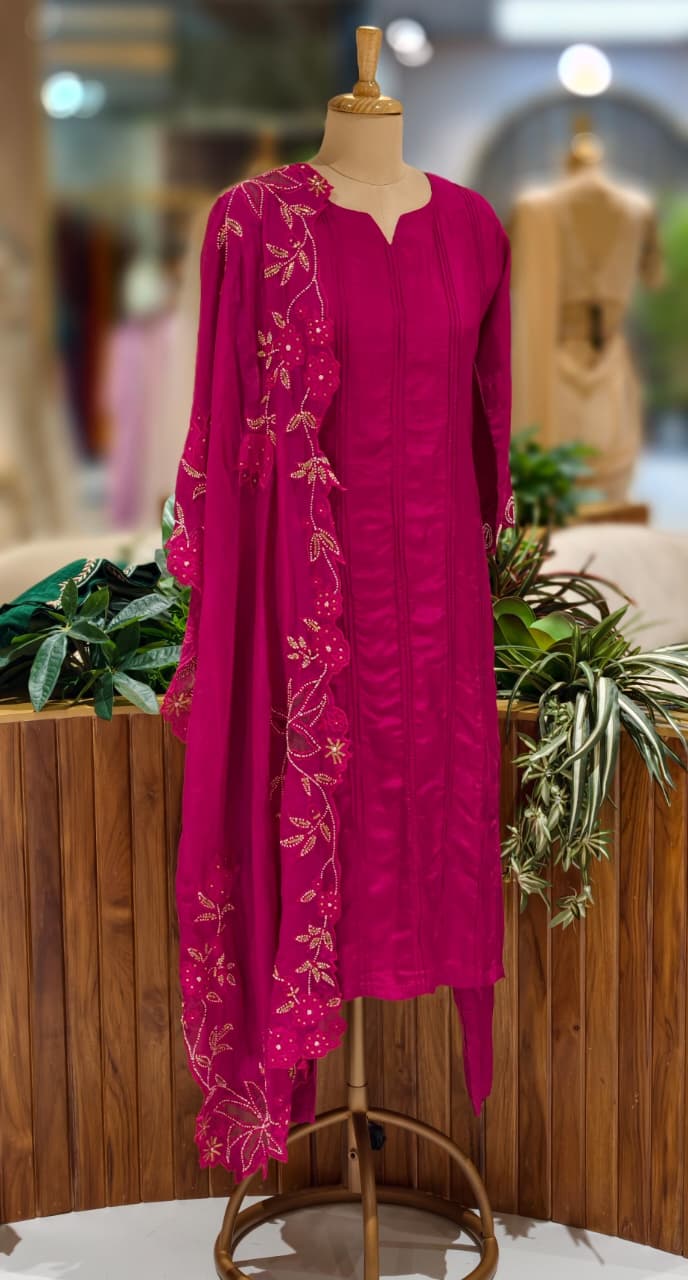 Solid Pleated Straight Full Suit Set With Complete Cut-Work Dupatta In Russian Silk Fabric-13085